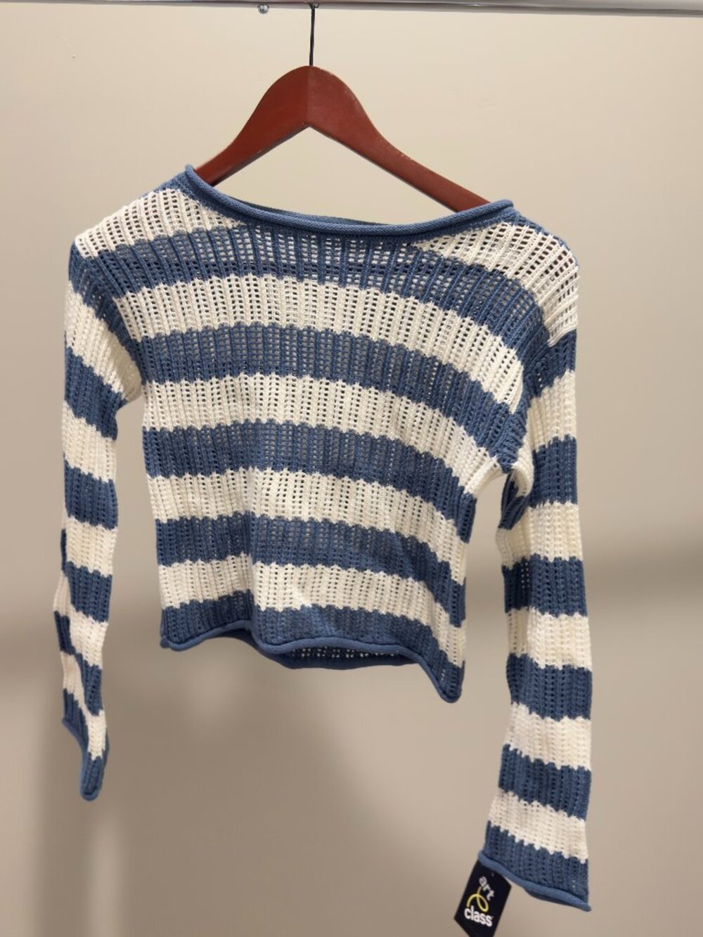 Art Class Blue White Striped Crochet Sweater Top NWT M 7/8